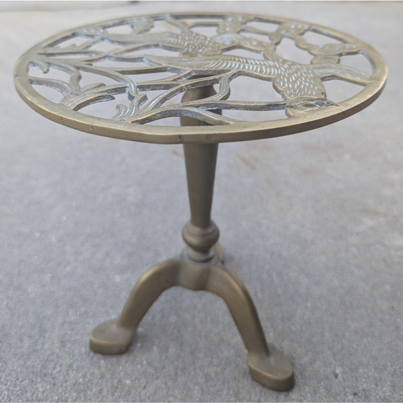 Vintage Small Brass Plant Stand Two Birds Ducks Design Round Table Décor Display